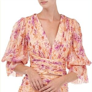 AMUR- Pink and Orange Floral Print Quarter-sleeve  Gitana Cropped Silk Top